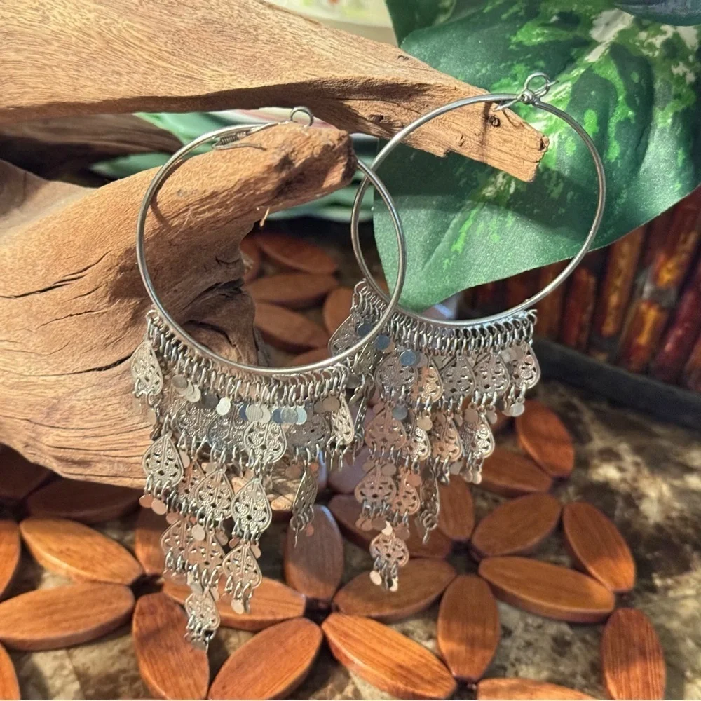 Silver Hoop Chandelier Earrings with Dangle Charms